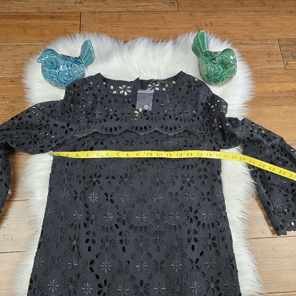 J.Crew Cora Lace Embroidered Eyelet Black Bell Sleeve Dress Size 0